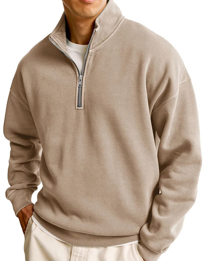 Pull décontracté à manches longues et col montant pour homme avec fermeture éclair
