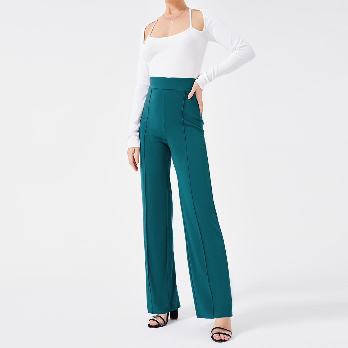 Pantalon décontracté de couleur unie, slim, taille haute, pattes d'éléphant