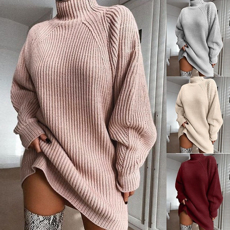 Pull long à col roulé uni pour femme, robe pull