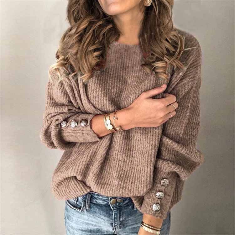 T-shirt en tricot à manches longues et col rond pour femme