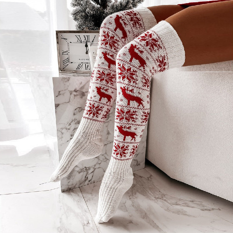 Chaussettes longues tricotées chaudes pour femme, motif élan, flocon de neige TAILLE UNIQUE