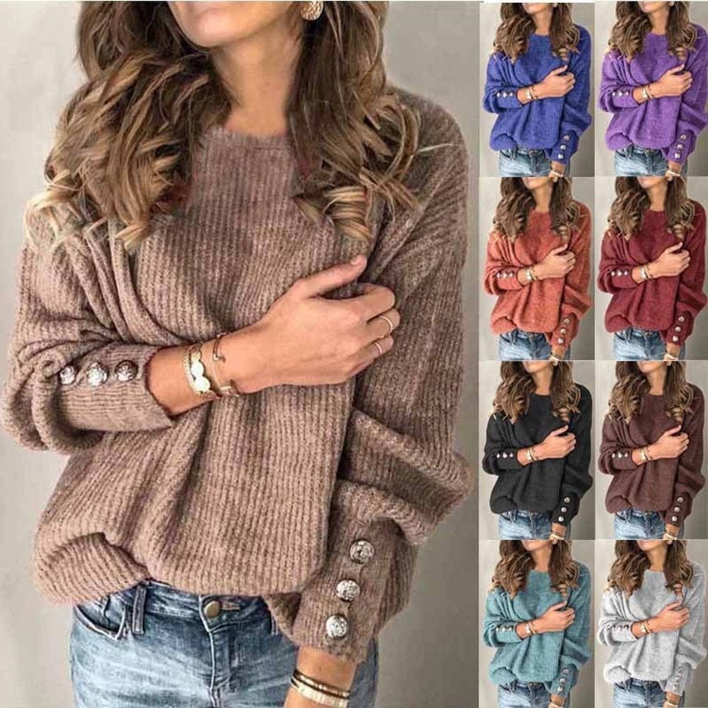 T-shirt en tricot à manches longues et col rond pour femme