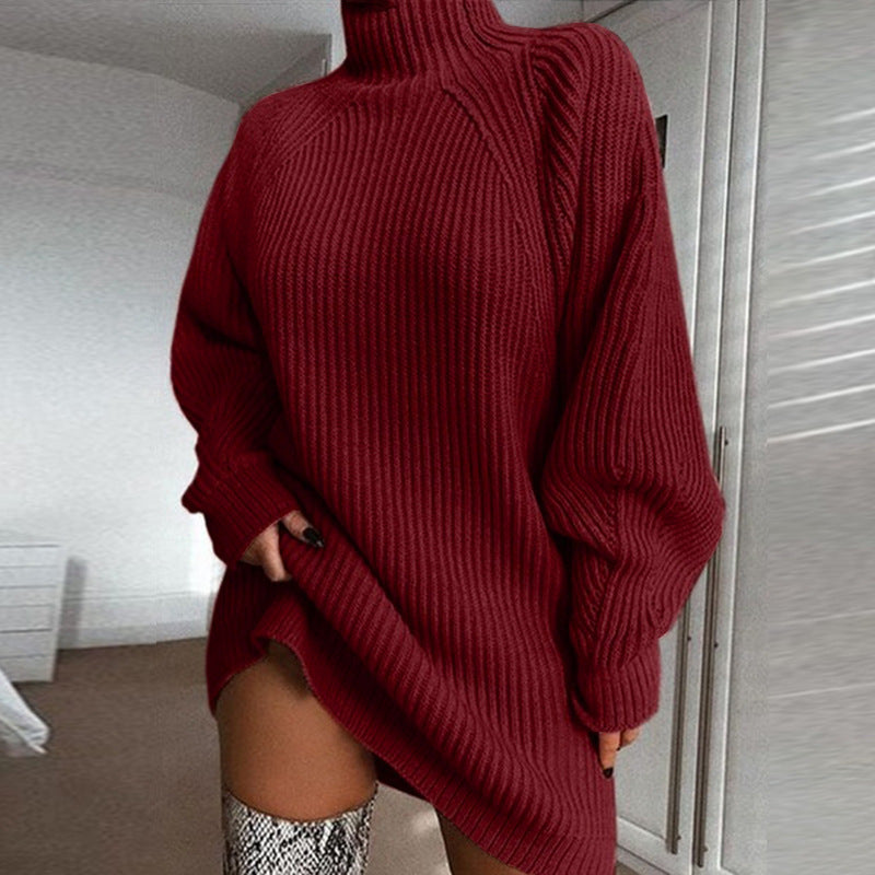 Pull long à col roulé uni pour femme, robe pull
