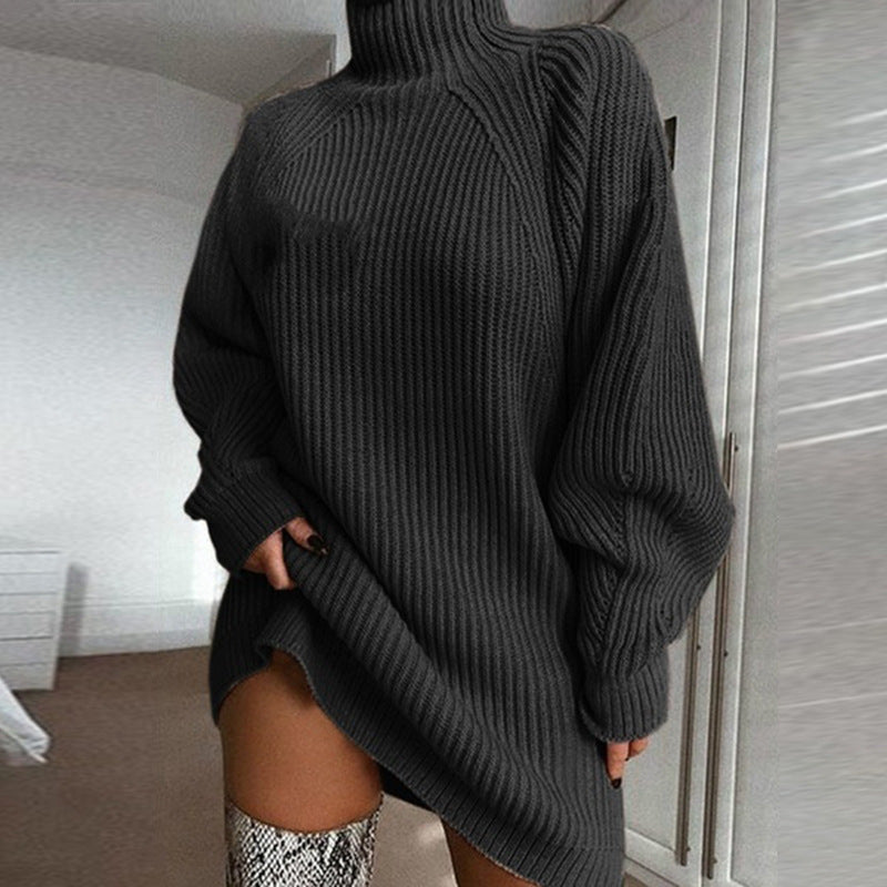 Pull long à col roulé uni pour femme, robe pull