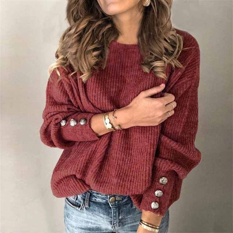 T-shirt en tricot à manches longues et col rond pour femme
