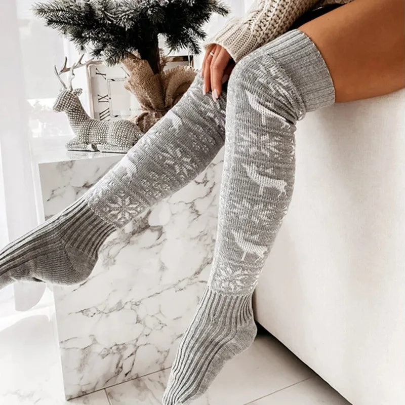 Chaussettes longues tricotées chaudes pour femme, motif élan, flocon de neige TAILLE UNIQUE