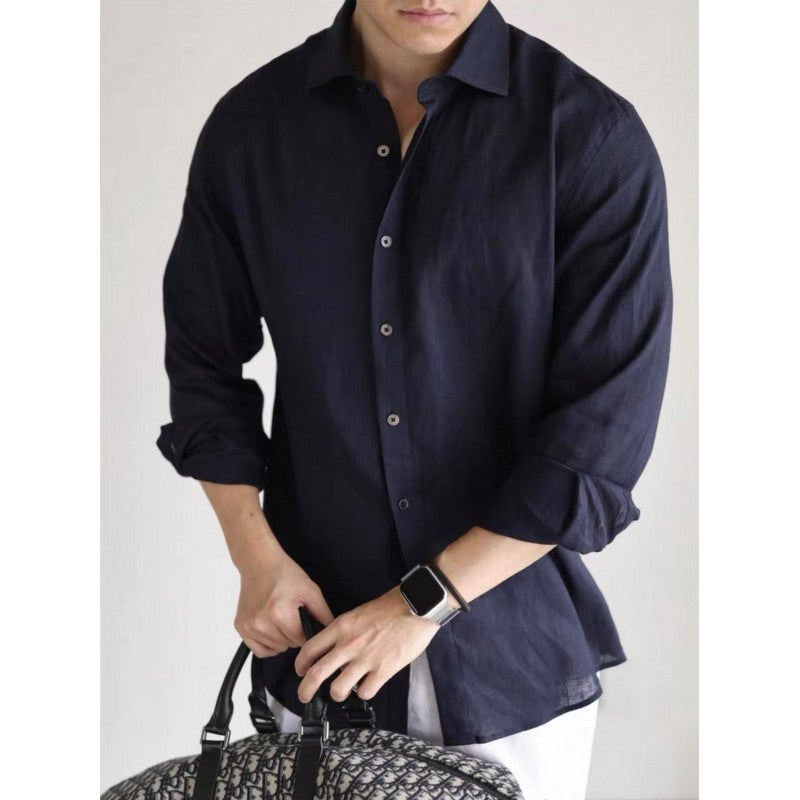 Chemise à manches longues en coton et lin mélangés