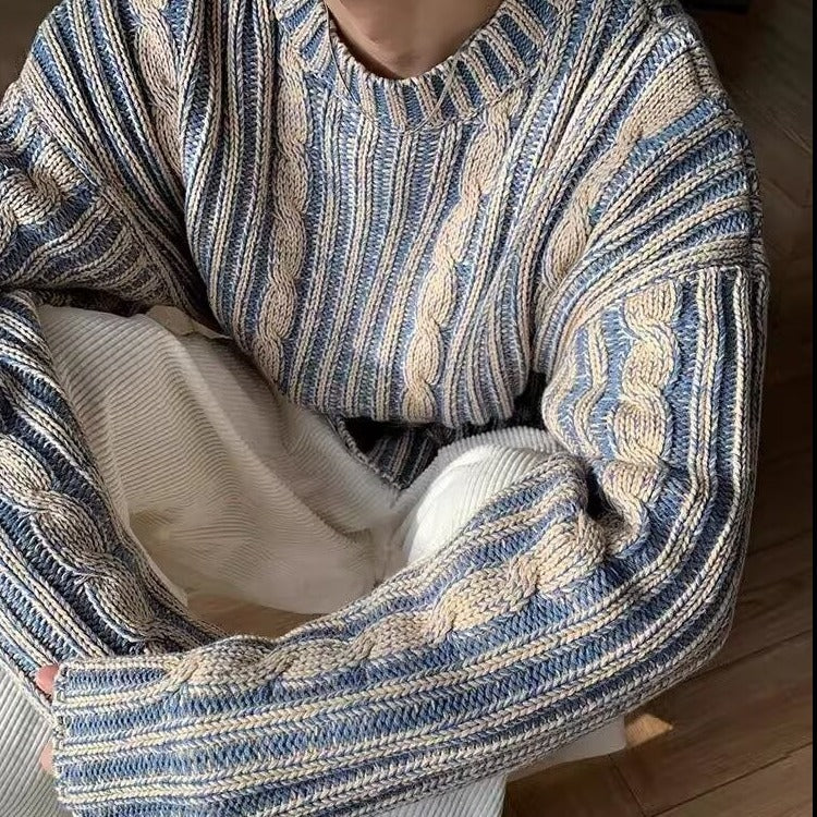 Pull tricoté à rayures multicolores rétro, col rond, pour homme