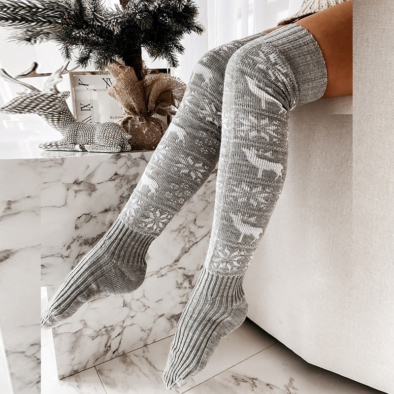 Chaussettes longues tricotées chaudes pour femme, motif élan, flocon de neige TAILLE UNIQUE