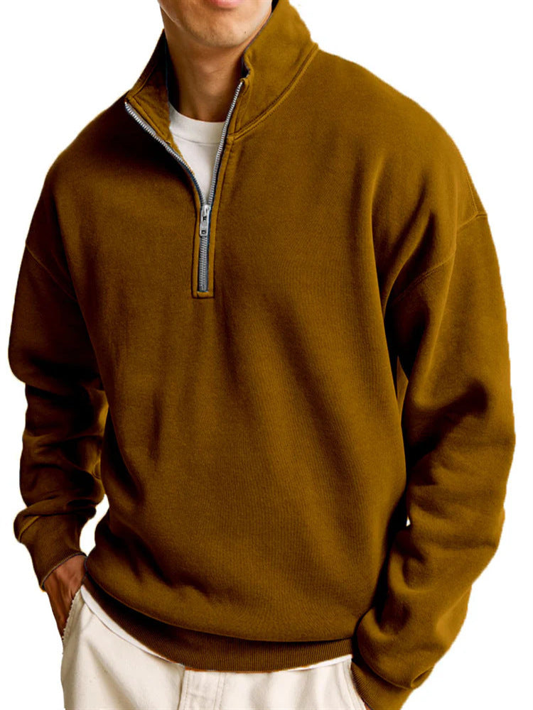 Pull décontracté à manches longues et col montant pour homme avec fermeture éclair