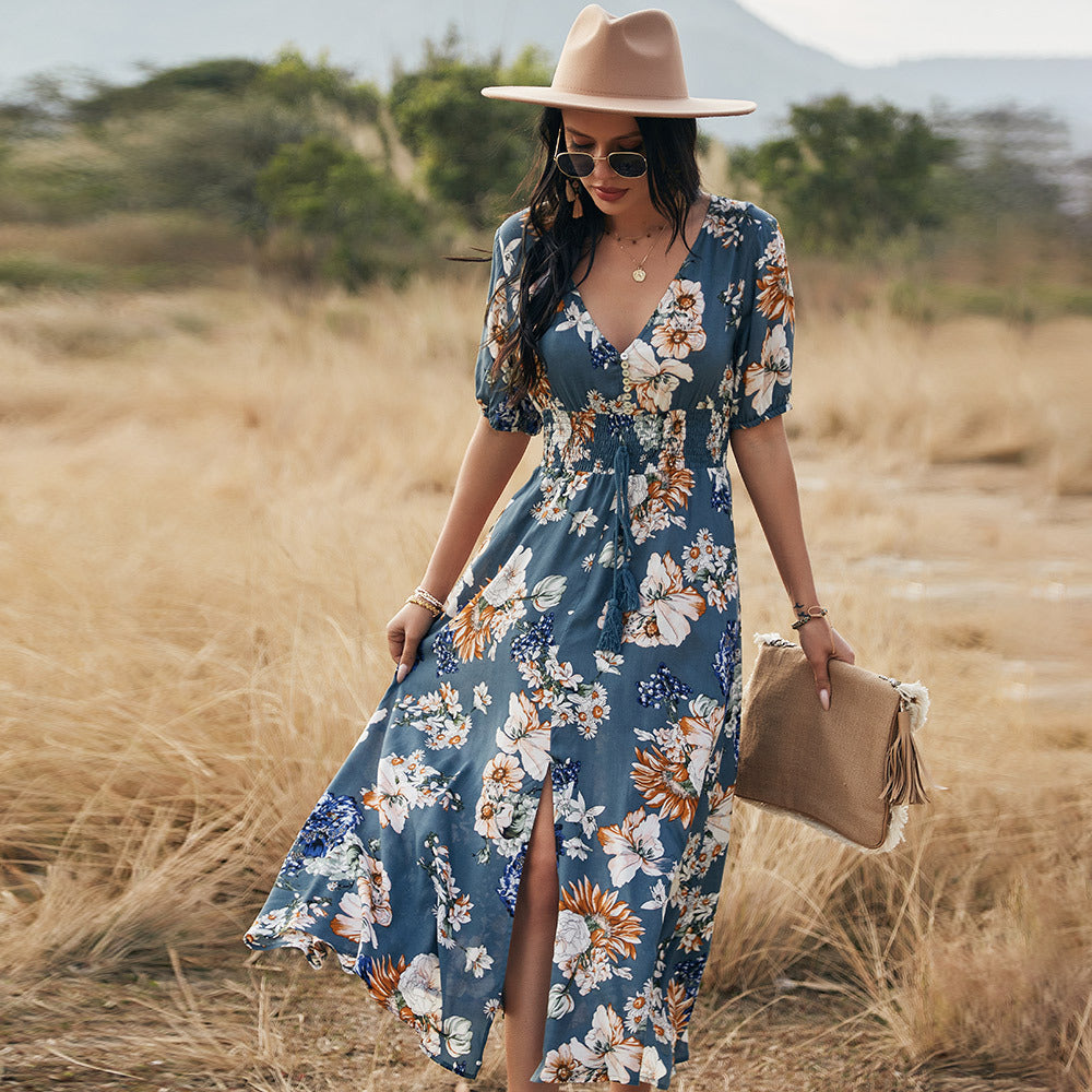 Robe de plage fleurie d'été avec col en V et taille élastique pour femme