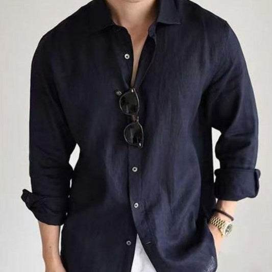 Chemise à manches longues en coton et lin mélangés