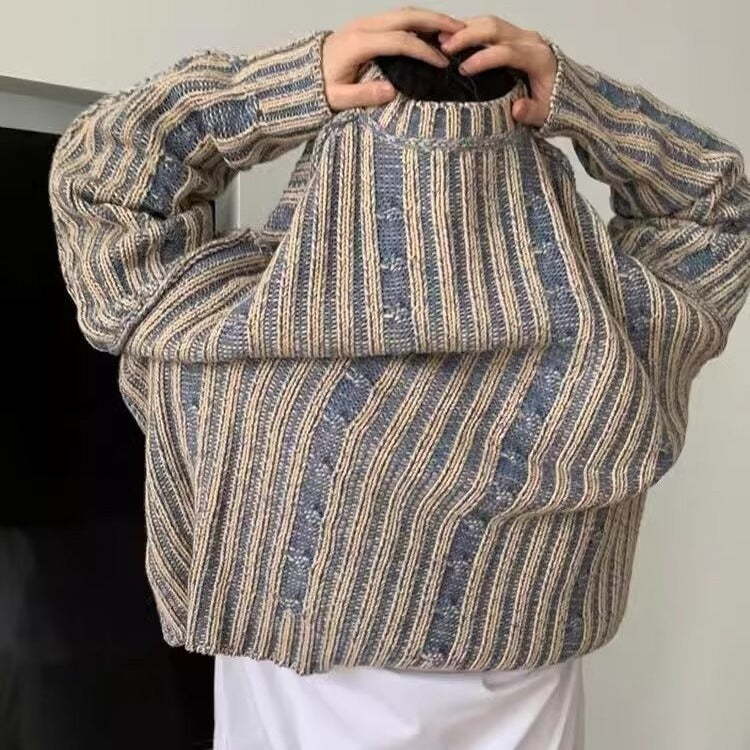 Pull tricoté à rayures multicolores rétro, col rond, pour homme