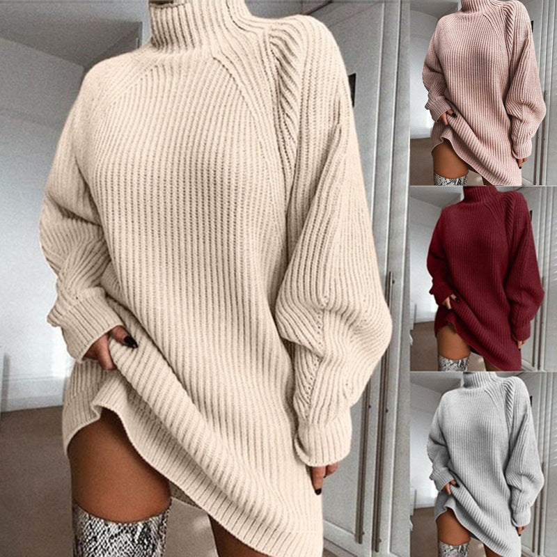 Pull long à col roulé uni pour femme, robe pull