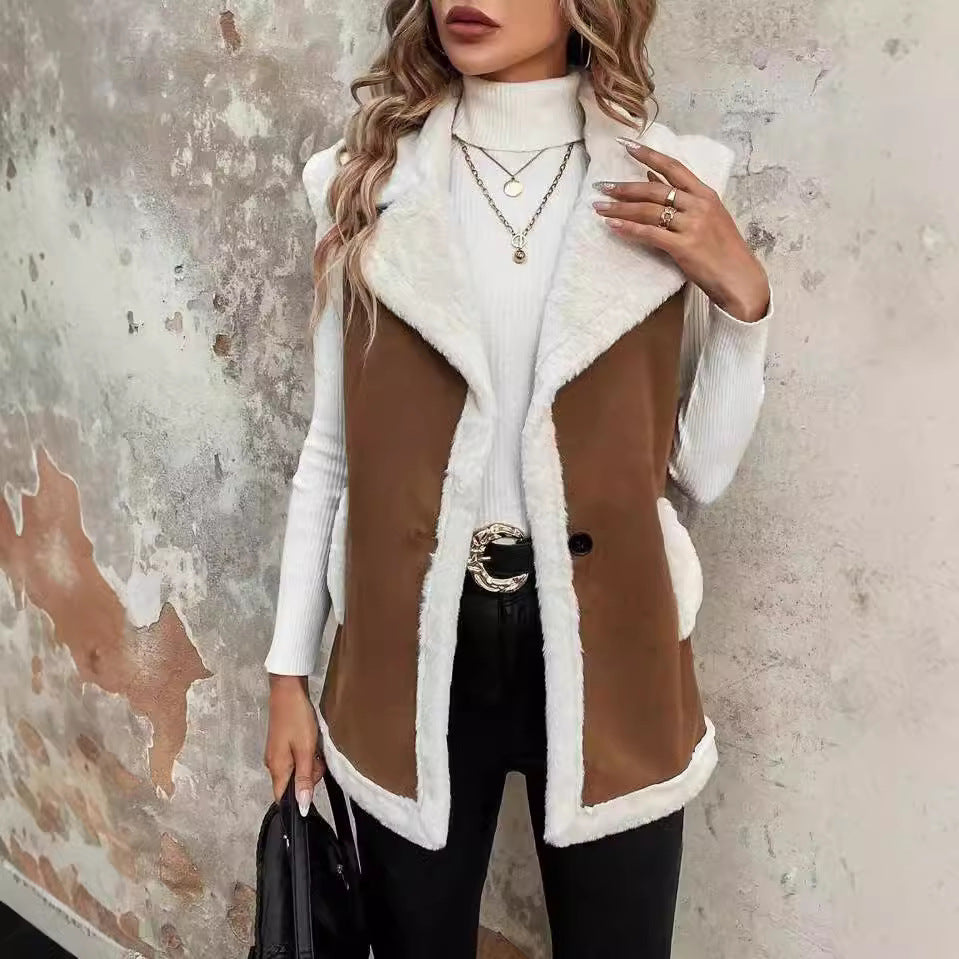 Gilet femme tendance en laine d'agneau avec coutures