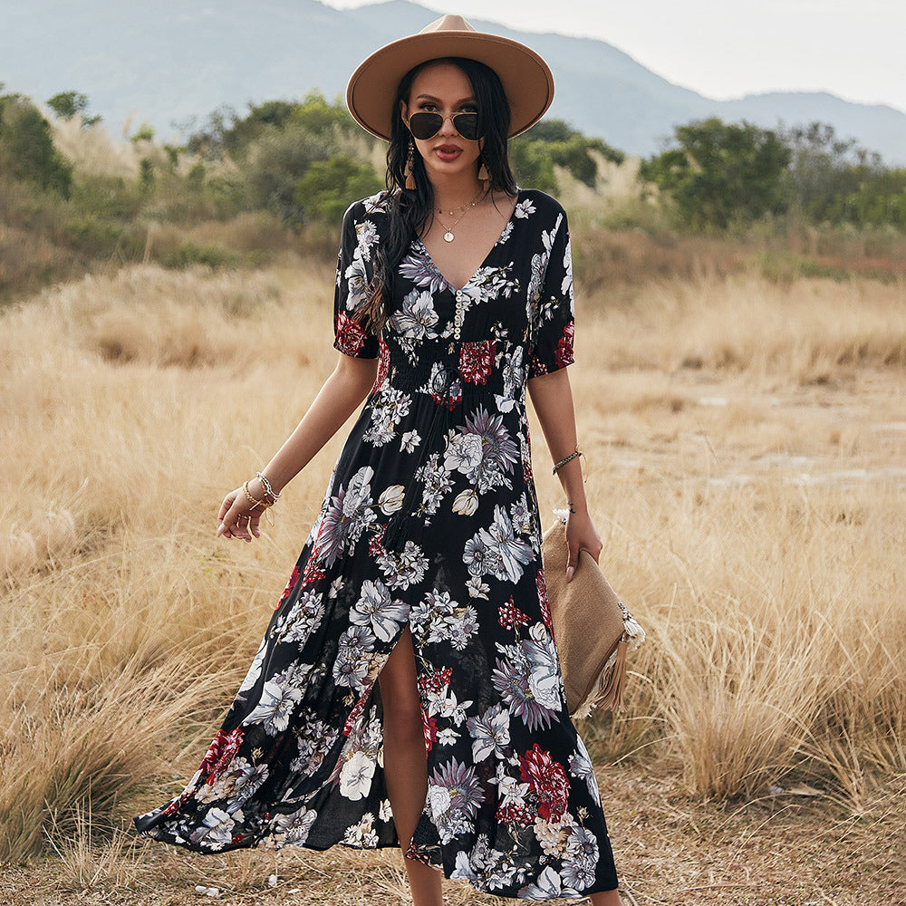 Robe de plage fleurie d'été avec col en V et taille élastique pour femme