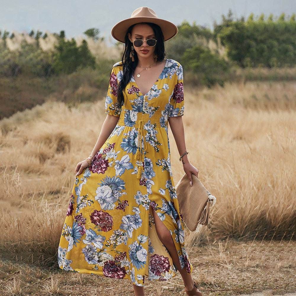 Robe de plage fleurie d'été avec col en V et taille élastique pour femme