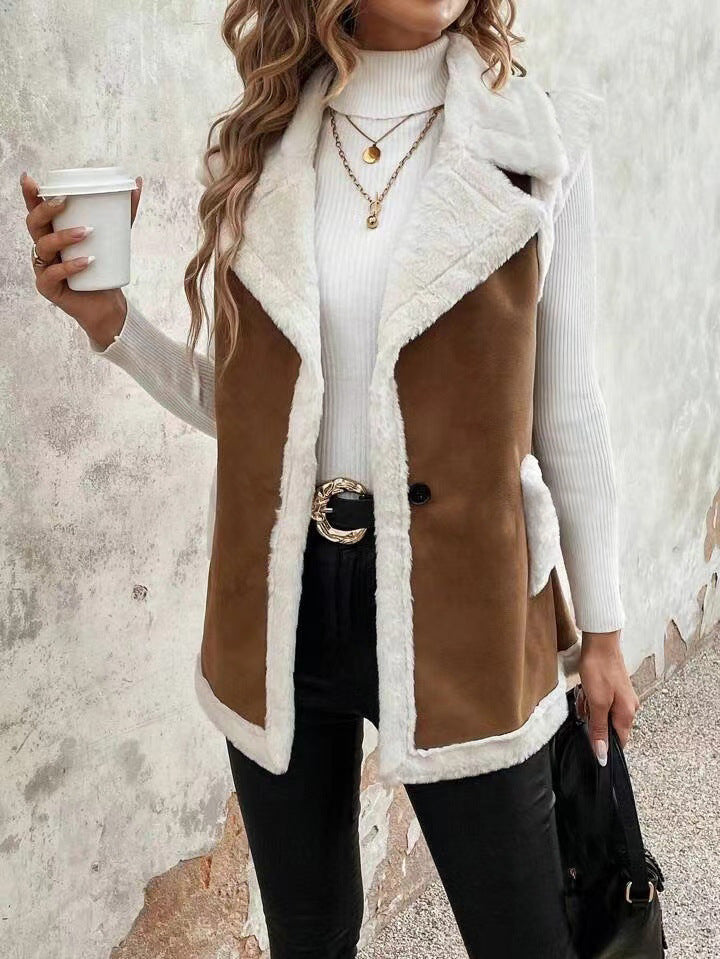 Gilet femme tendance en laine d'agneau avec coutures