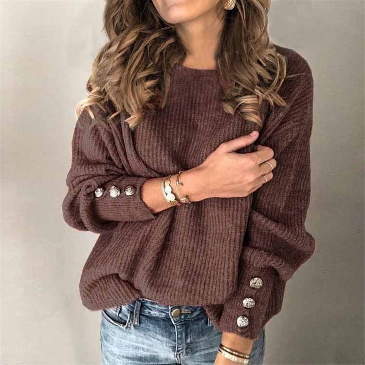T-shirt en tricot à manches longues et col rond pour femme