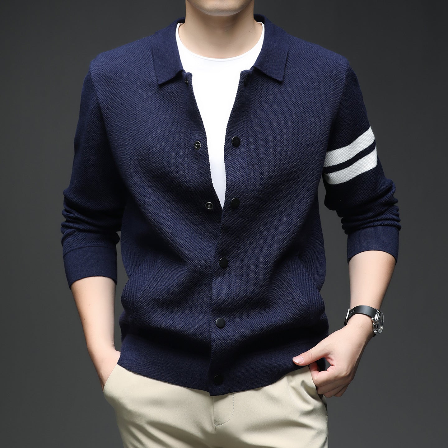 Cardigan tricoté à revers pour homme, veste slim