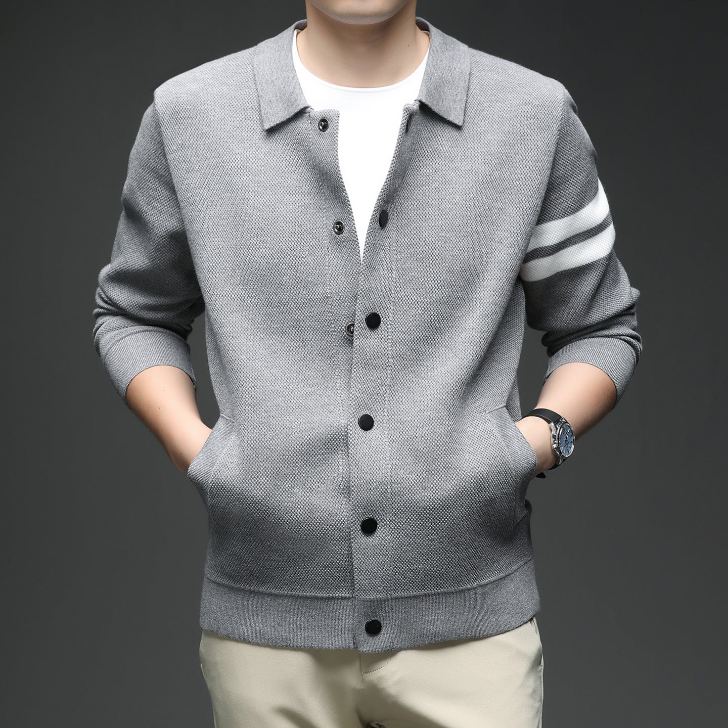 Cardigan tricoté à revers pour homme, veste slim