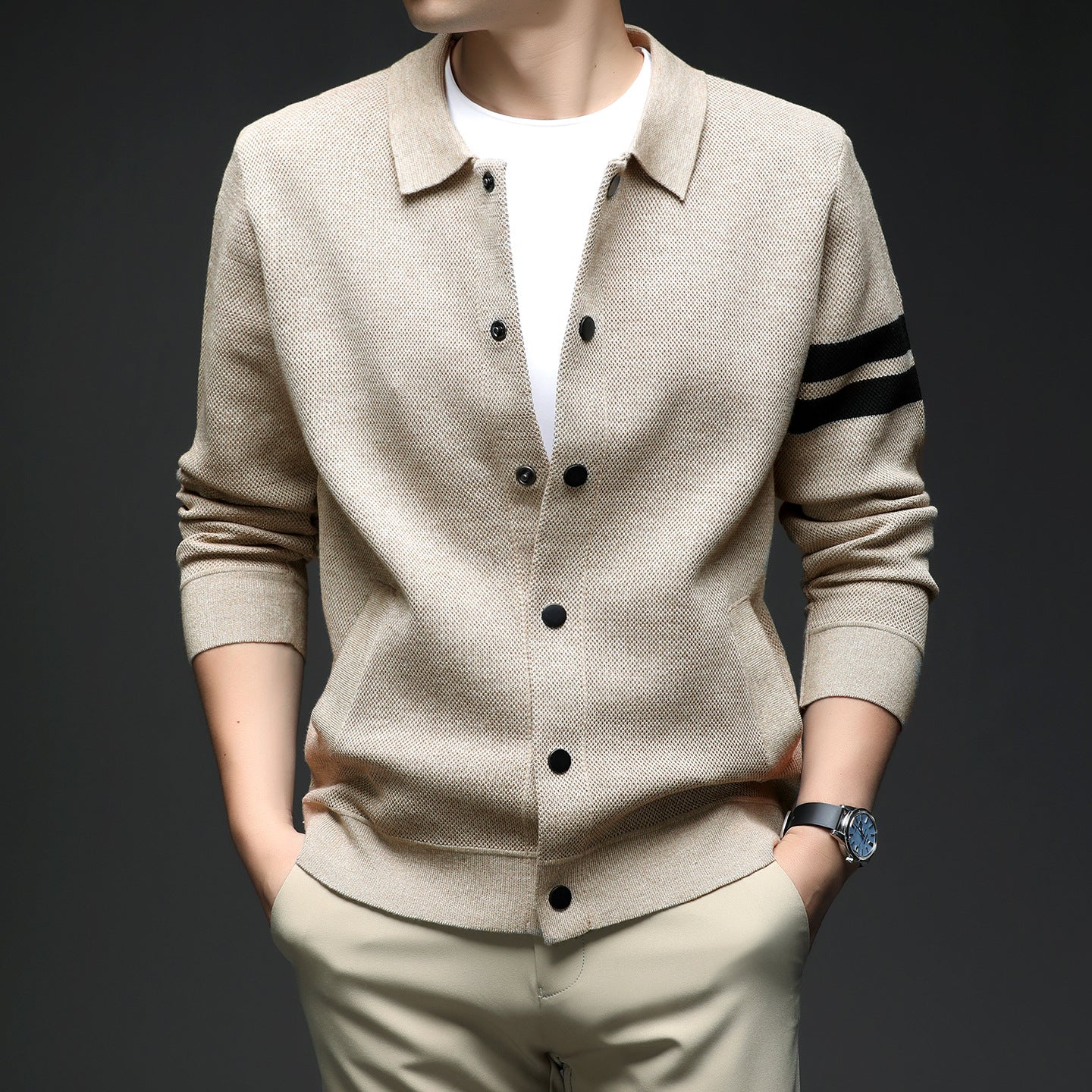 Cardigan tricoté à revers pour homme, veste slim