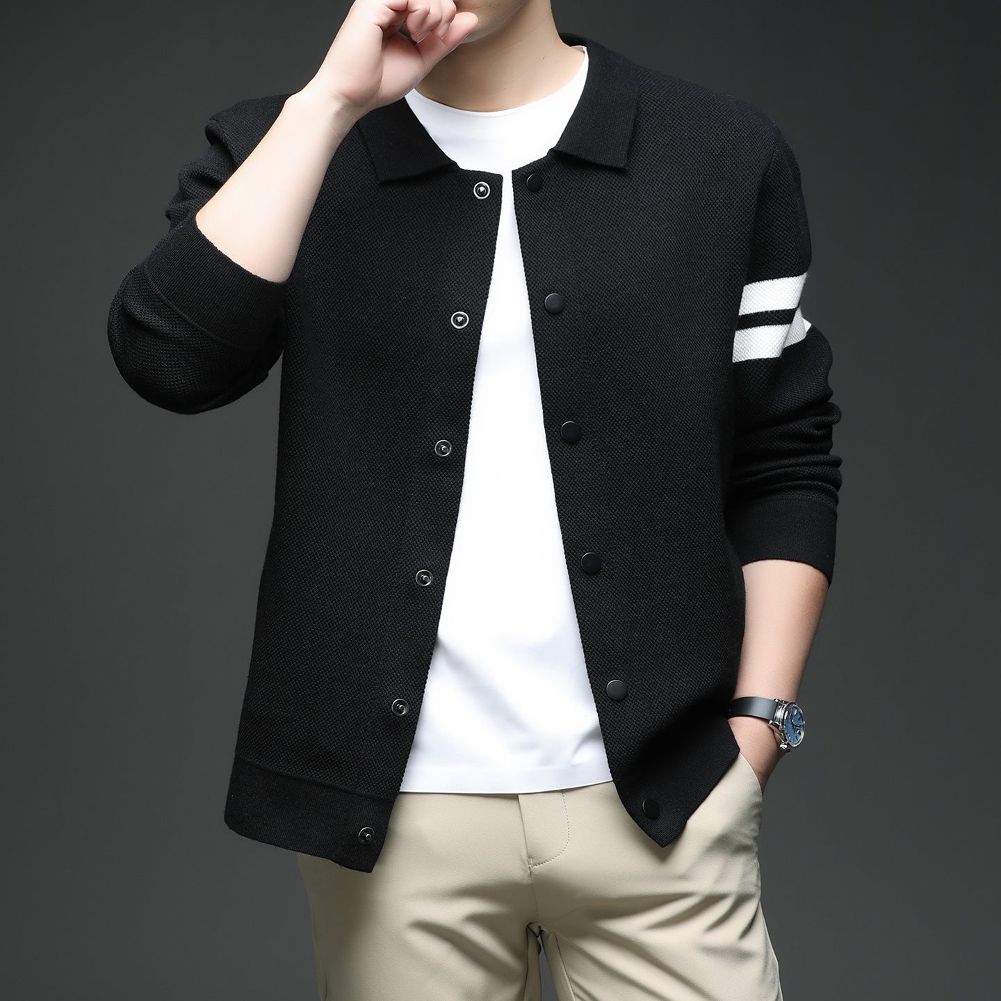 Cardigan tricoté à revers pour homme, veste slim