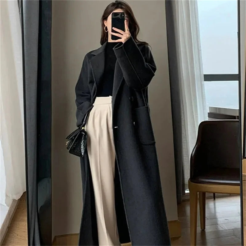 Manteau long en laine épaissie pour femme, manteau noir, mode coréenne, Harajuku, hiver