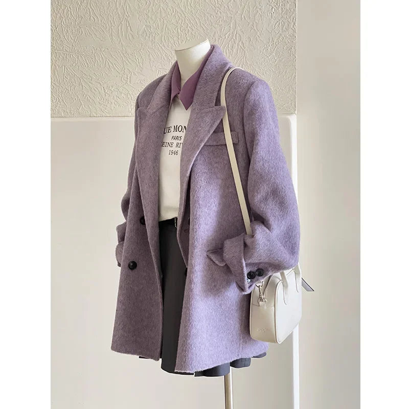 Manteau en laine violet doux pour femme, Style court, système coréen