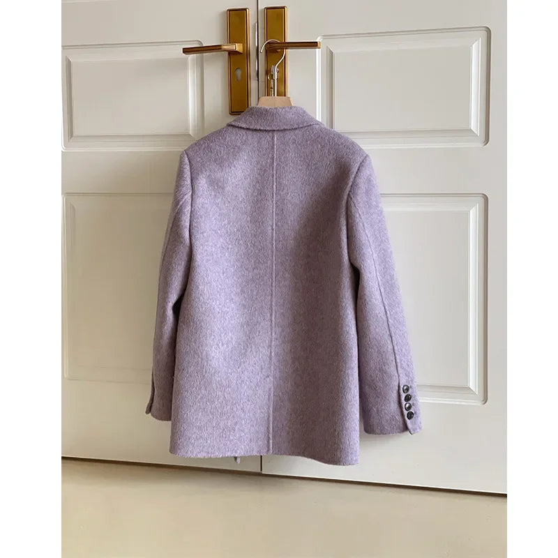 Manteau en laine violet doux pour femme, Style court, système coréen