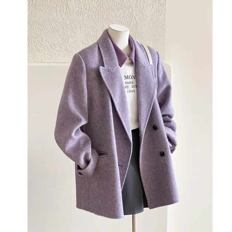 Manteau en laine violet doux pour femme, Style court, système coréen