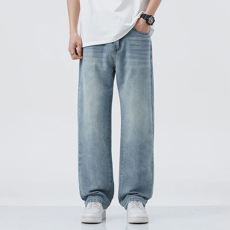 Jean à jambes droites de style coréen pour hommes, pantalon ample polyvalent, à la mode, bleu délavé, cool, confortable, hangin, printemps/été 2025