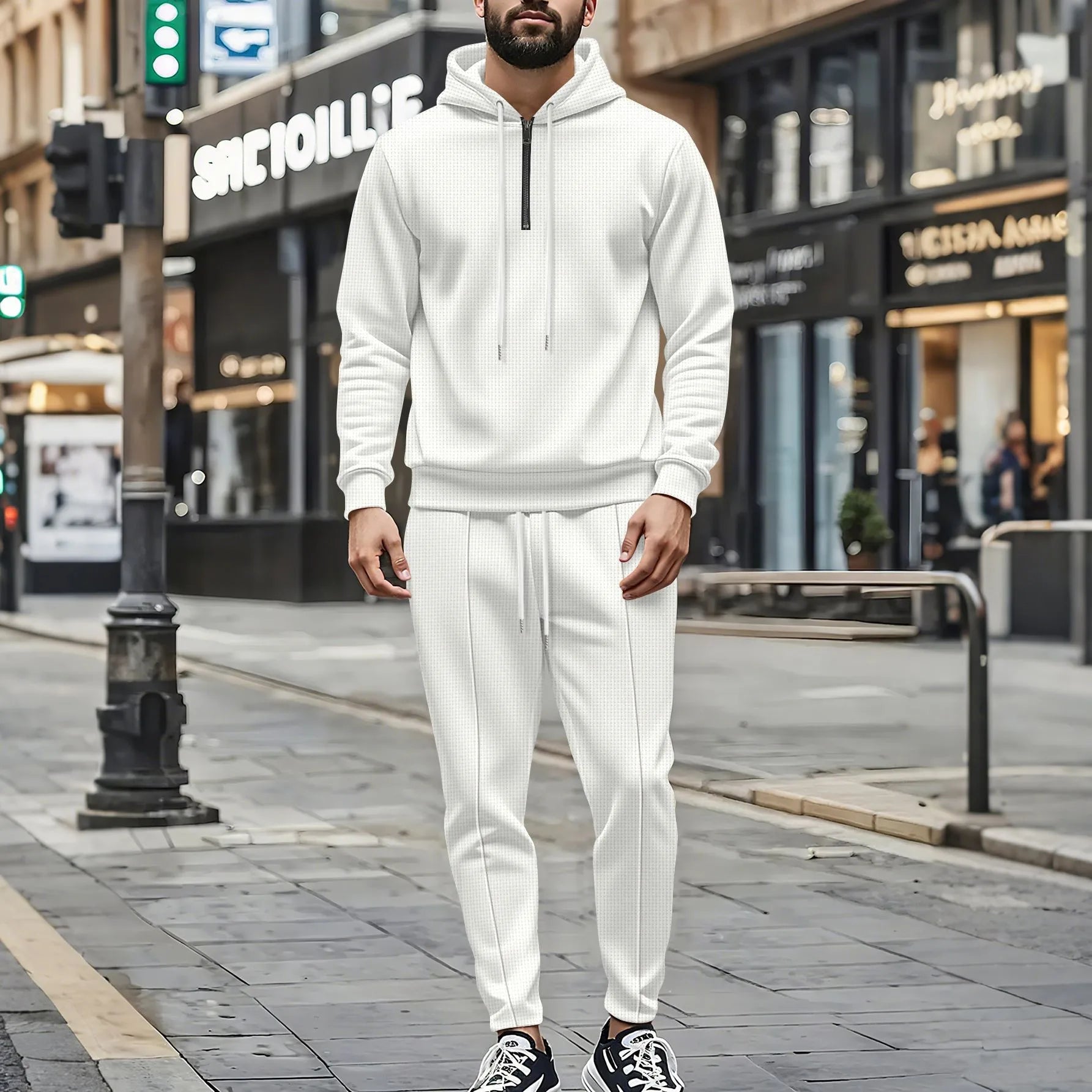 Ensemble pull et pantalon à manches longues pour hommes, gaufré, couleur unie, à capuche, demi-zip, cordon de serrage, nouvelle collection automne