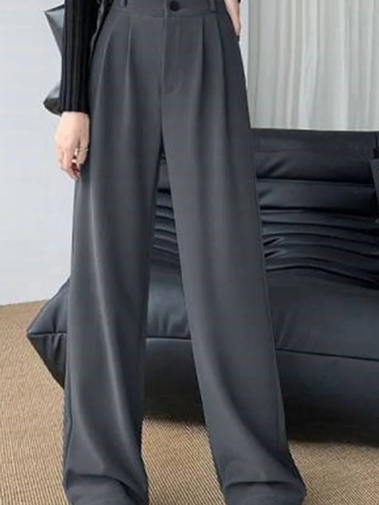 Pantalon large taille haute pour femme, pantalon décontracté femme, droit, café, FjAutumn, double boutons, imbibé, nouveau