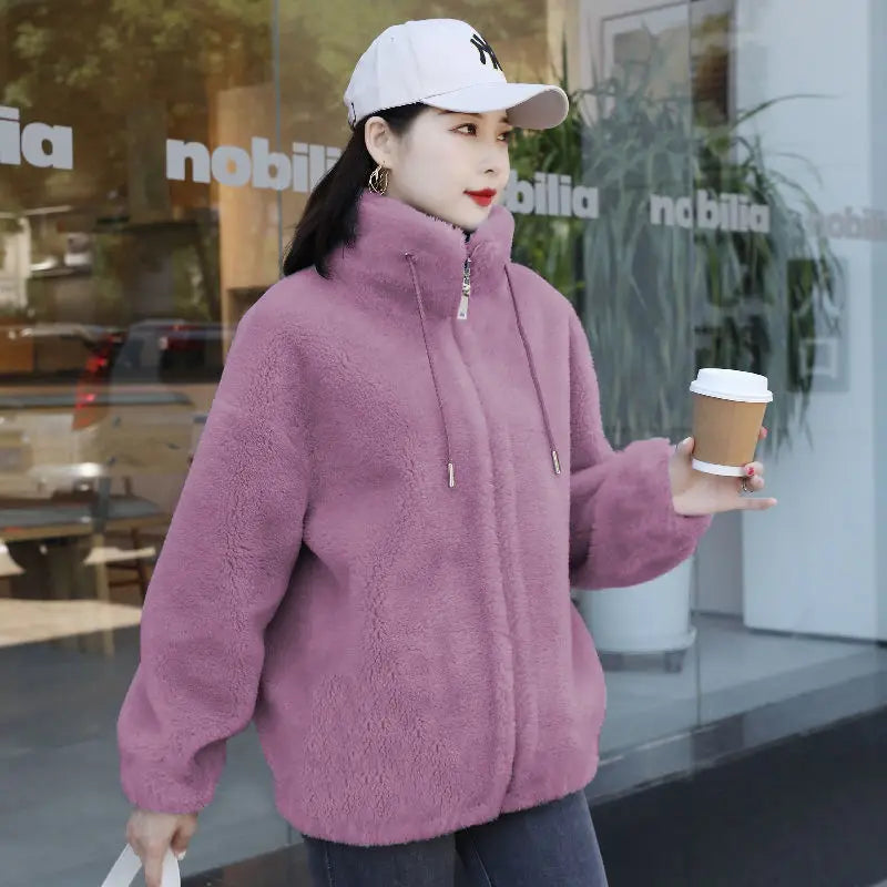 Femmes hiver Double corail polaire manteau chaud col montant en peluche épais pardessus femme mode décontracté à manches longues fermeture éclair vêtements