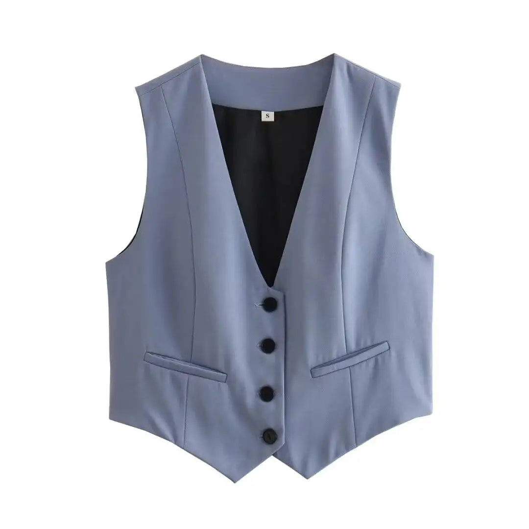 TRAFZA-Gilet Court pour Femme, Col en V, Simple Boutonnage, Vintage, Streetwear Décontracté, Haut Chic Sauvage, Nouvelle Mode, Été