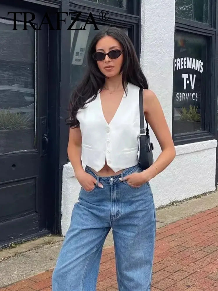 TRAFZA-Gilet Court pour Femme, Col en V, Simple Boutonnage, Vintage, Streetwear Décontracté, Haut Chic Sauvage, Nouvelle Mode, Été