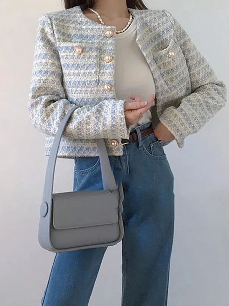 ITOOLIN automne hiver femmes élégant Tweed Cardigan manteau court avec poche simple boutonnage veste pour femmes vêtements d'extérieur amples 2024