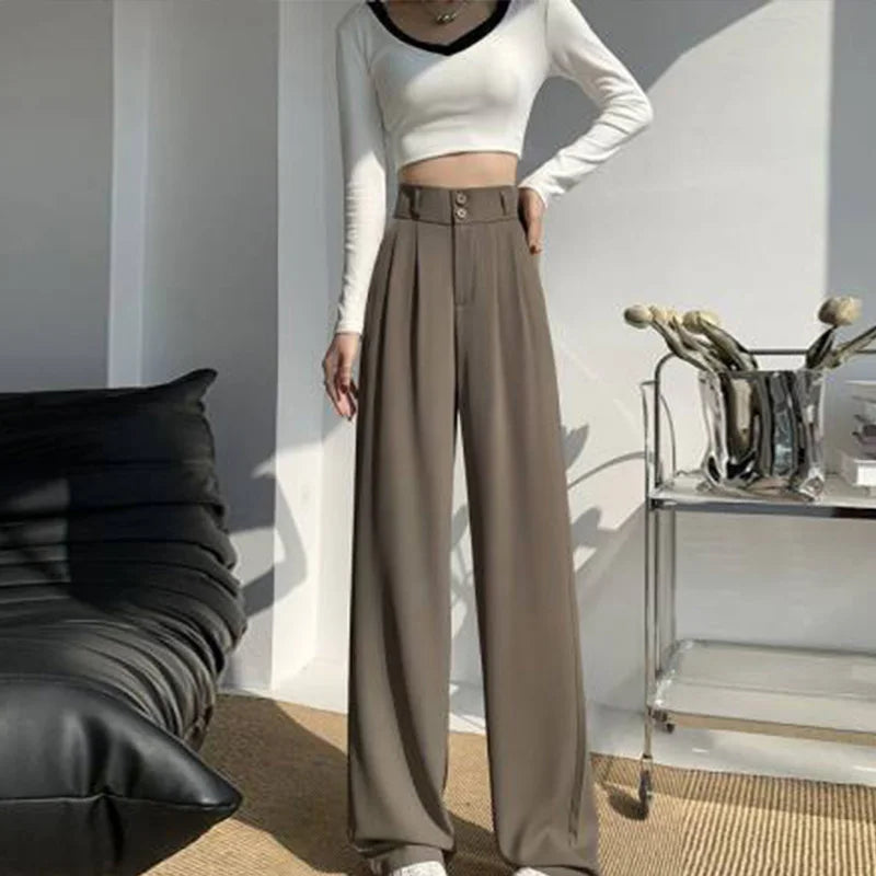 Pantalon large taille haute pour femme, pantalon décontracté femme, droit, café, FjAutumn, double boutons, imbibé, nouveau