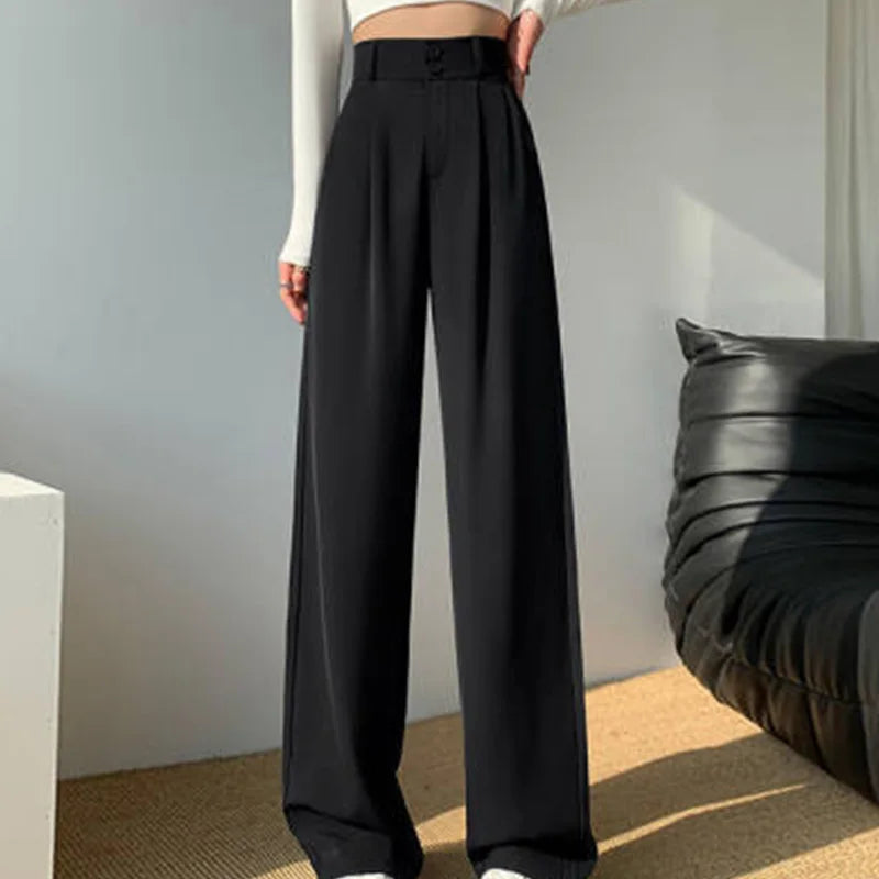 Pantalon large taille haute pour femme, pantalon décontracté femme, droit, café, FjAutumn, double boutons, imbibé, nouveau