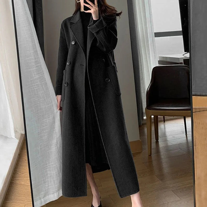 Manteau long en laine épaissie pour femme, manteau noir, mode coréenne, Harajuku, hiver