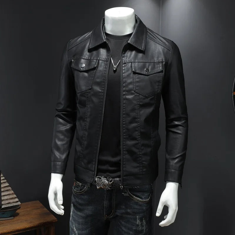 Veste en cuir à revers pour hommes