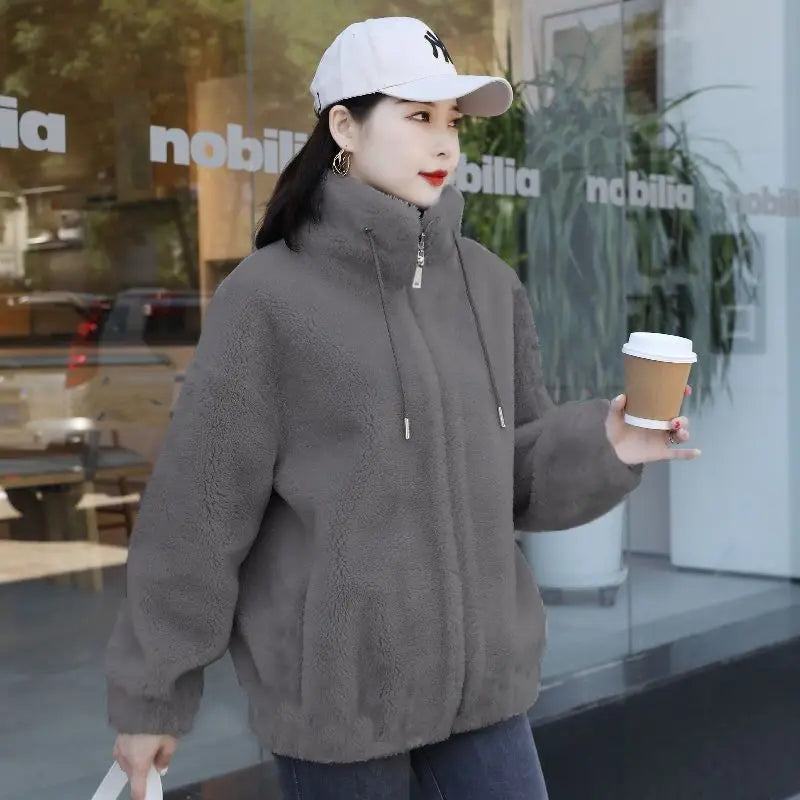 Femmes hiver Double corail polaire manteau chaud col montant en peluche épais pardessus femme mode décontracté à manches longues fermeture éclair vêtements