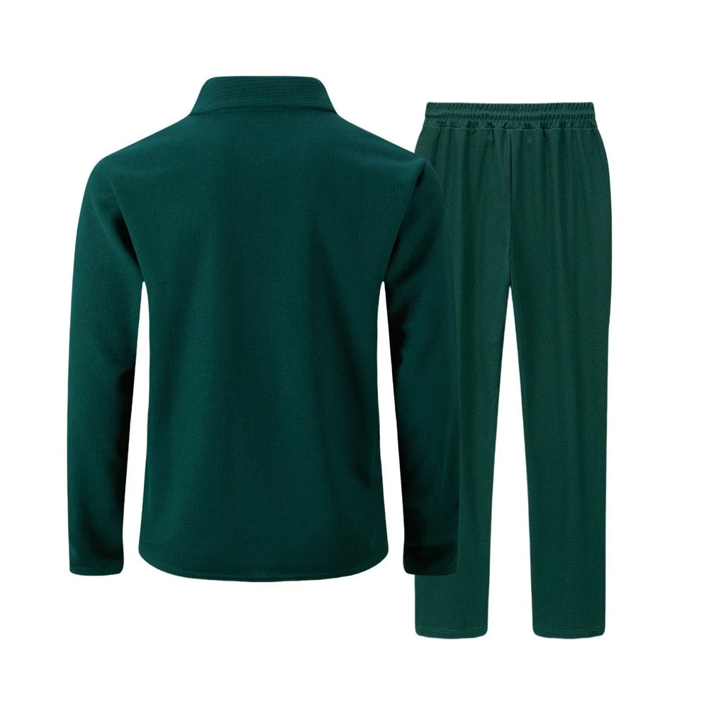 Ensemble veste cardigan ajustée à motif gaufré pour hommes, couleur unie, fermeture éclair, poche avant, revers, automne et hiver