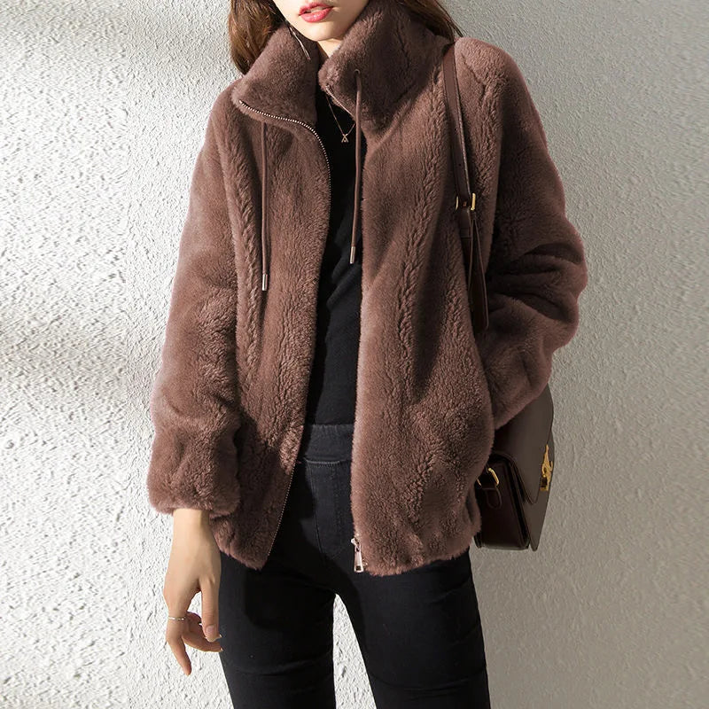 Femmes hiver Double corail polaire manteau chaud col montant en peluche épais pardessus femme mode décontracté à manches longues fermeture éclair vêtements