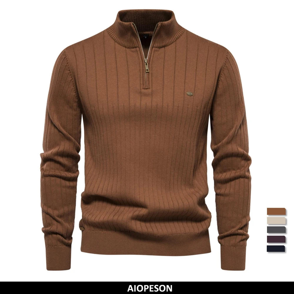 Pull tricoté en coton à col montant pour homme