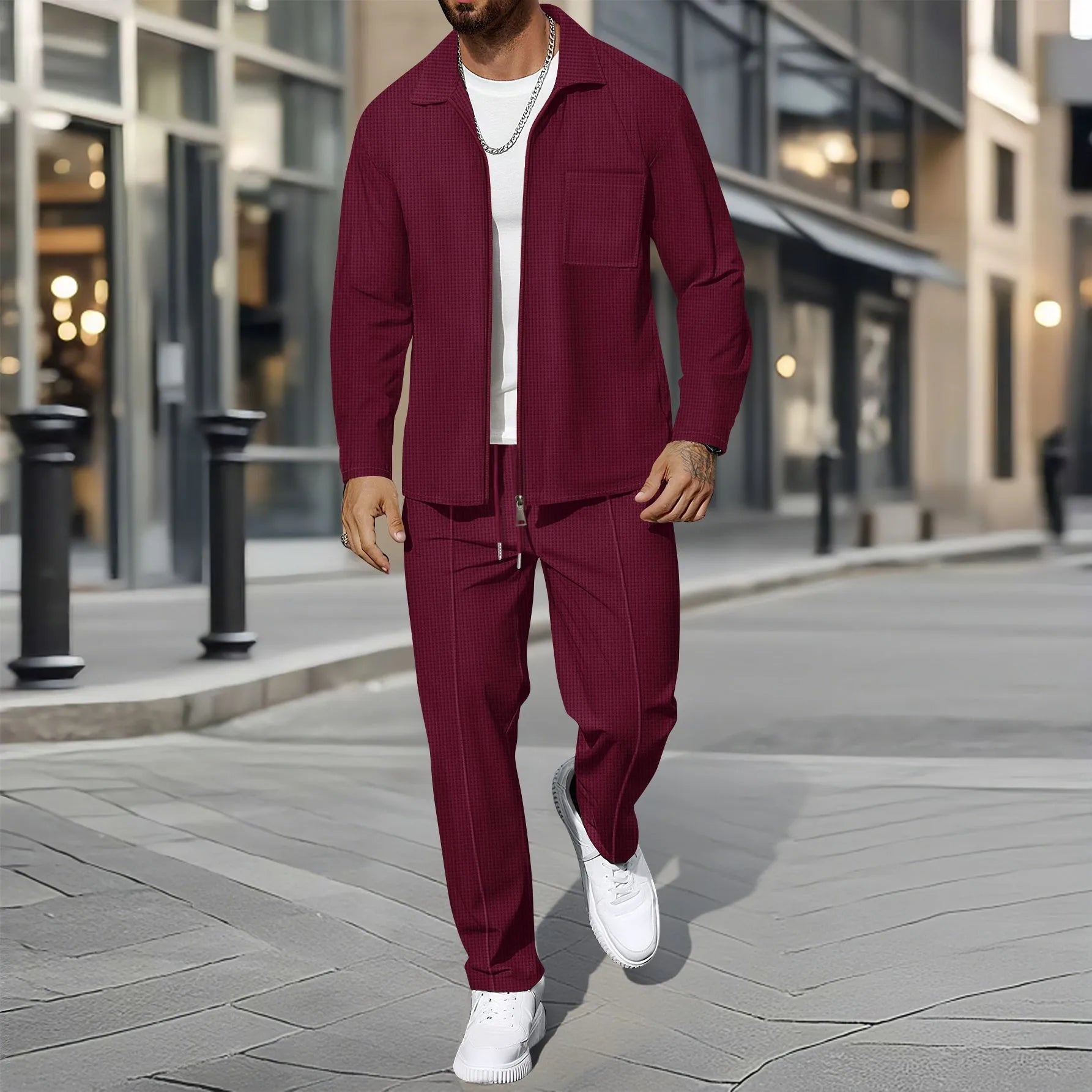 Ensemble veste cardigan ajustée à motif gaufré pour hommes, couleur unie, fermeture éclair, poche avant, revers, automne et hiver