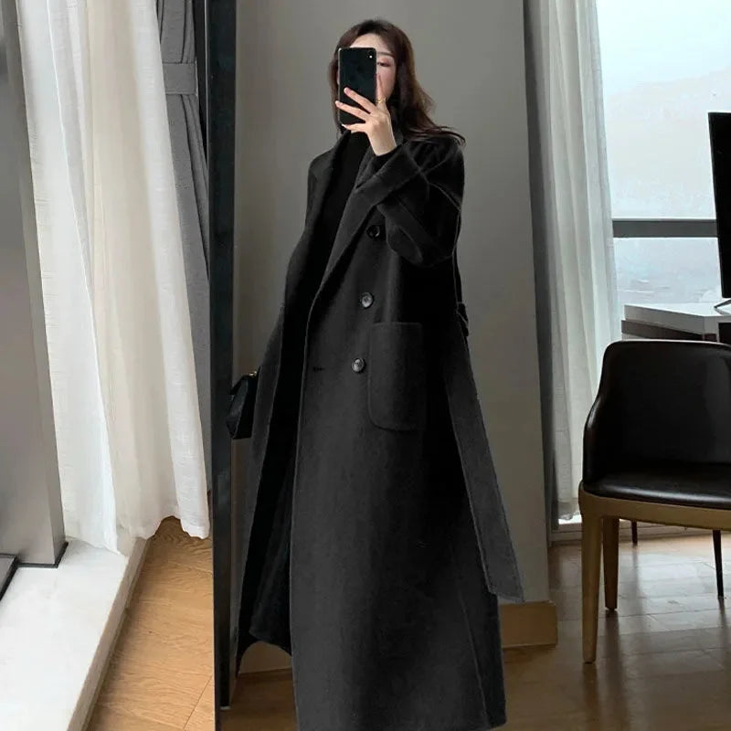 Manteau long en laine épaissie pour femme, manteau noir, mode coréenne, Harajuku, hiver
