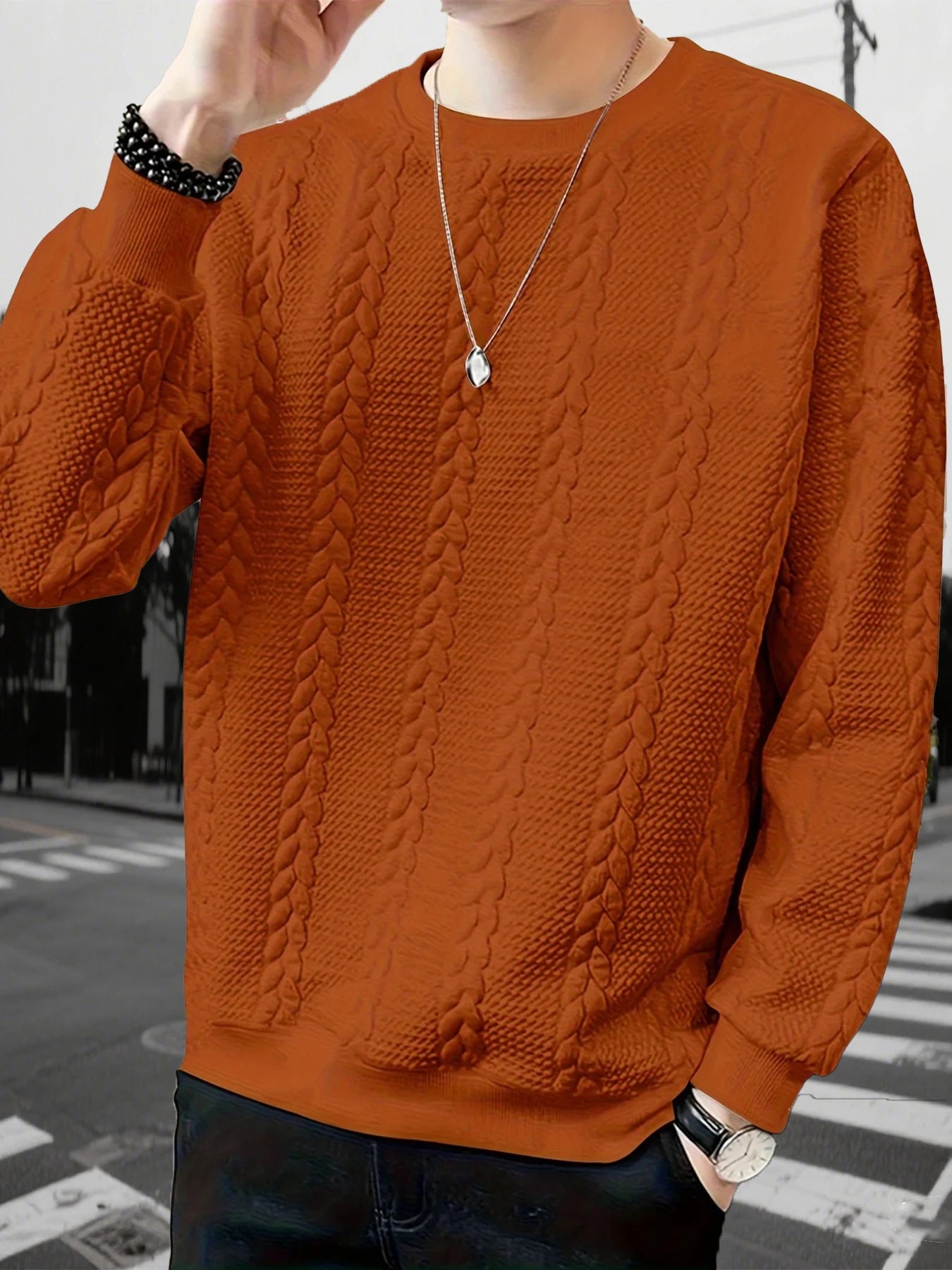 Autumn men's new round neck jacquard checkered high-end
