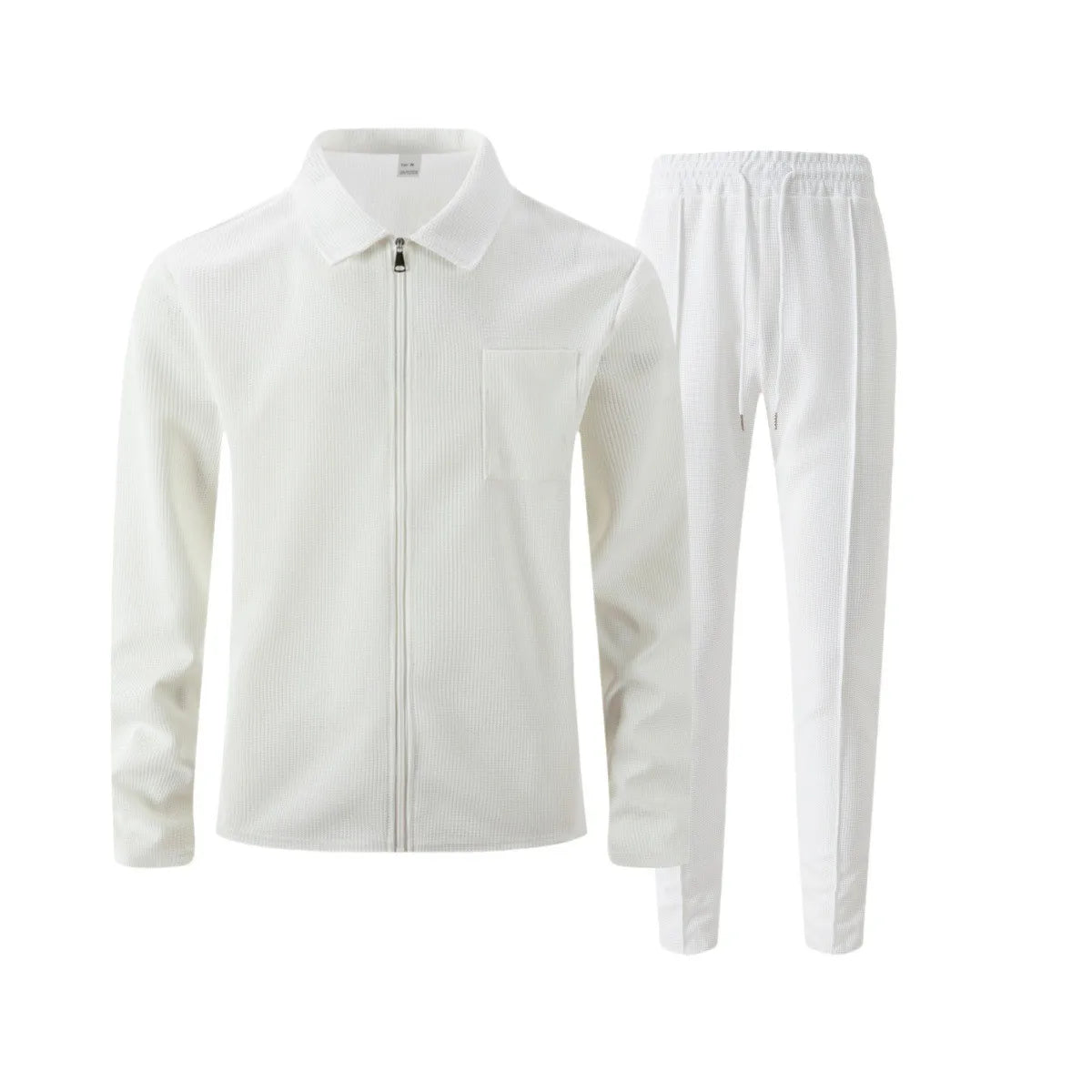 Ensemble veste cardigan ajustée à motif gaufré pour hommes, couleur unie, fermeture éclair, poche avant, revers, automne et hiver
